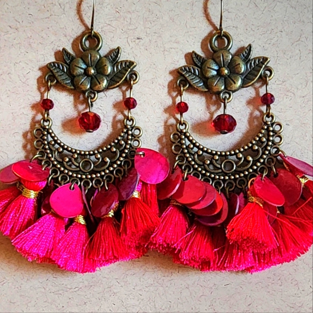 Deep Pink Tasseled Chandelier Earrings